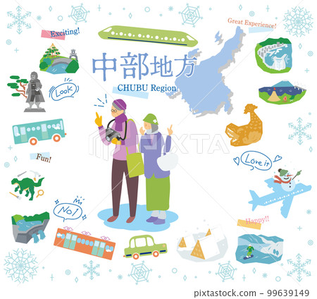 在日本中部地區享受冬季特色觀光的老年夫婦，一組圖標（扁平） 99639149