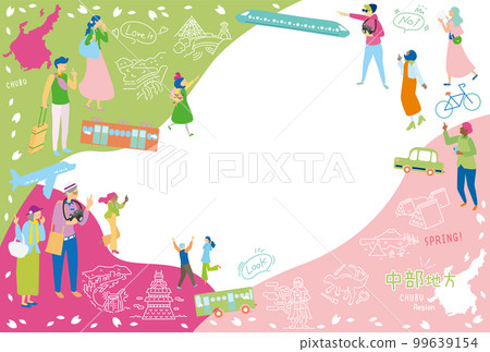 Tourists enjoying the spring special sightseeing in the Chubu region of Japan, a set of icons (flat) 99639154