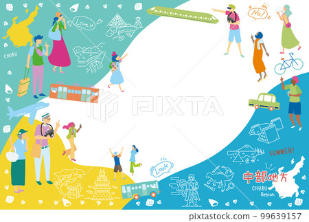 Tourists enjoying summer specialties sightseeing in the Chubu region of Japan, set of icons (flat) 99639157