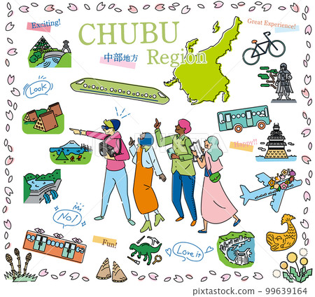 A set of icons (line drawings) for tourists enjoying spring special sightseeing in the Chubu region of Japan A set of icons (line drawings) for tourists enjoying spring special sightseeing in the Chubu region of Japan 99639164