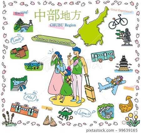 在日本中部地區享受春天特別觀光的一家三口，一組圖標（線描） 99639165