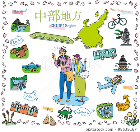 A senior couple enjoying spring special sightseeing in the Chubu region of Japan, a set of icons (line drawing) 99639167
