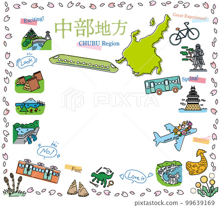 A set of icons of spring specialties sightseeing in the Chubu region of Japan (line drawing) 99639169