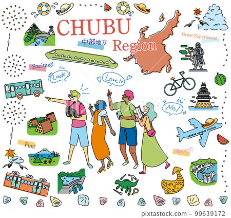 遊客在日本中部地區享受夏季特色觀光，一組圖標（畫線） 99639172
