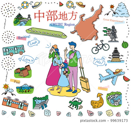 在日本中部地區享受夏季觀光的一家三口，一組圖標（畫線） 99639173