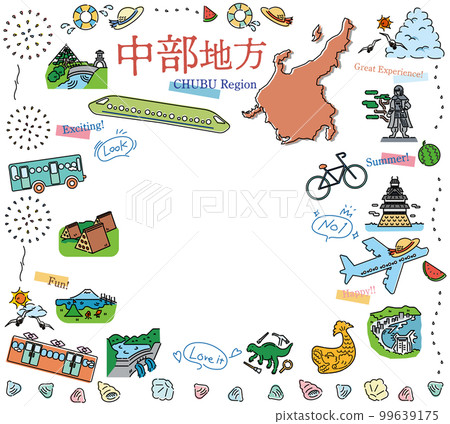 A set of icons of summer specialties sightseeing in the Chubu region of Japan (line drawing) 99639175