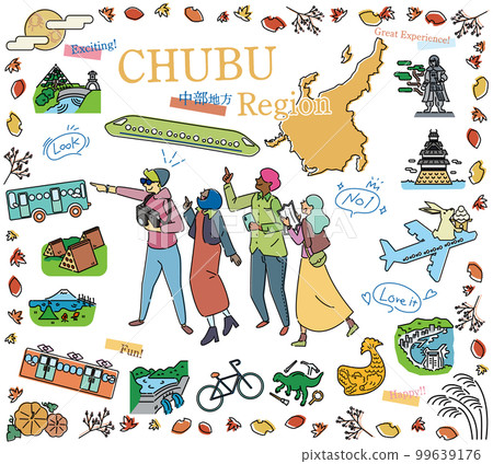 在日本中部地區享受秋季特色觀光的遊客,一組圖標(畫線) 在日本中部地區享受秋季特色觀光的遊客,一組圖標(畫線) 99639176