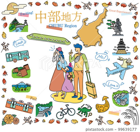 A family of three who enjoys the autumn specialty sightseeing in the Chubu region of Japan, a set of icons (line drawing) 99639177