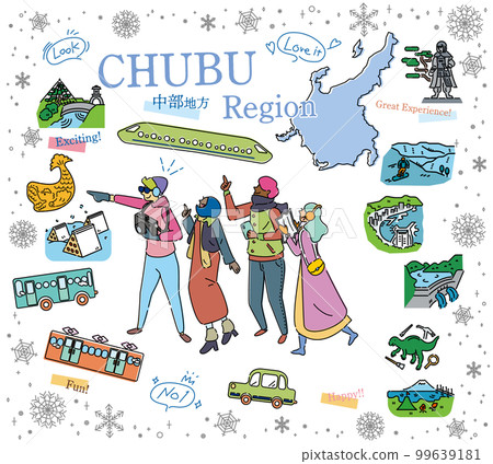 A set of icons (line drawings) for tourists who enjoy sightseeing in winter in the Chubu region of Japan 99639181
