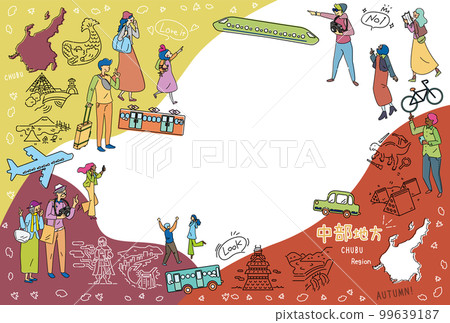 Tourists who enjoy autumn specialties sightseeing in the Chubu region of Japan, set of icons (line drawing) 99639187