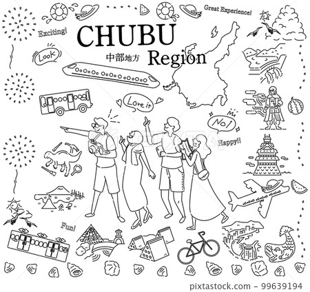Tourists enjoying summer specialties sightseeing in the Chubu region of Japan, set of icons (line drawing black and white) Tourists enjoying summer specialties sightseeing in the Chubu region of Japan, set of icons (line drawing black and white) 99639194