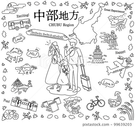 A family of three who enjoys the autumn specialty sightseeing in the Chubu region of Japan, a set of icons (line drawing black and white) 99639203