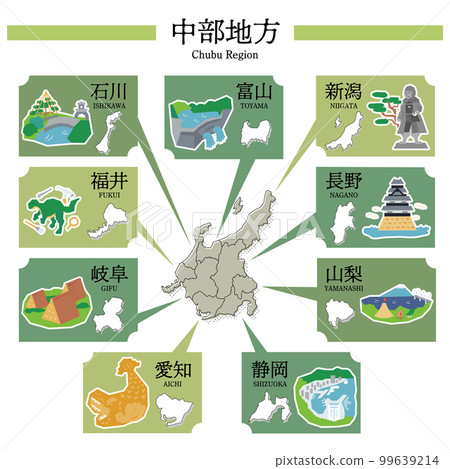 Japan's Chubu region specialty sightseeing, map, set of icons Japan's Chubu region specialty sightseeing, map, set of icons 99639214
