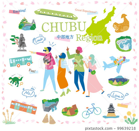 在日本中部地區享受春季特別觀光的遊客，一組圖標（平面） 99639218