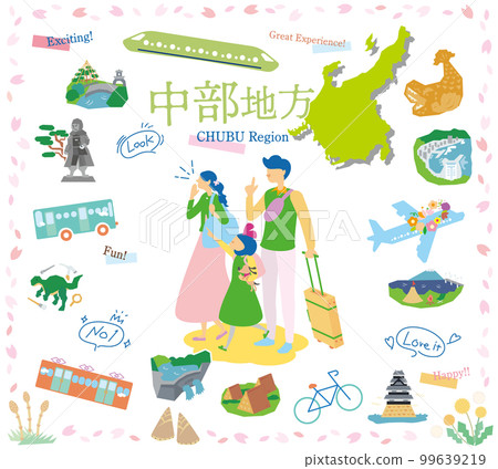 在日本中部地區享受春天特別觀光的一家三口，一組圖標（平面） 99639219