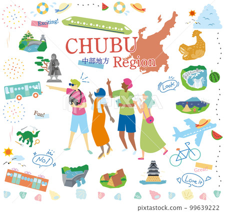 Tourists enjoying summer specialties sightseeing in the Chubu region of Japan, set of icons (flat) 99639222