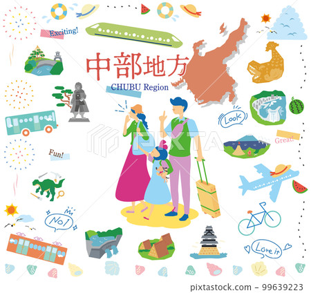 A family of three who enjoys summer specialties sightseeing in the Chubu region of Japan, a set of icons (flat) 99639223