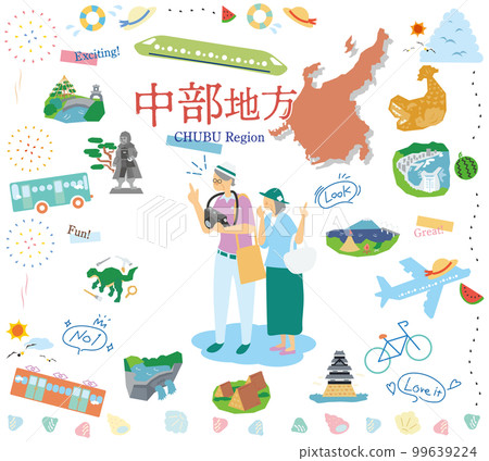 A senior couple who enjoys sightseeing in summer in the Chubu region of Japan, a set of icons (flat) 99639224