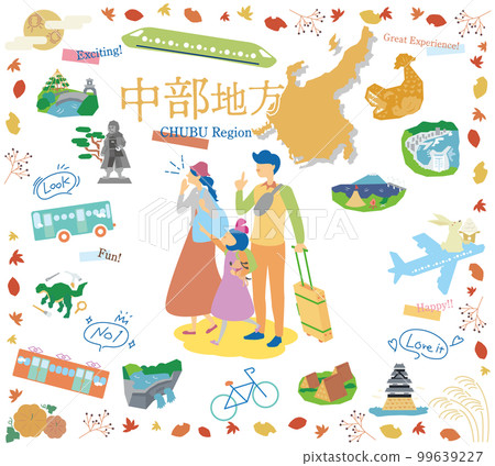 A family of three who enjoys the autumn specialty sightseeing in the Chubu region of Japan, a set of icons (flat) 99639227