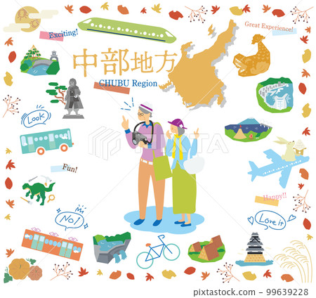 在日本中部地區享受秋季特產觀光的老年夫婦，圖標集（平面） 99639228