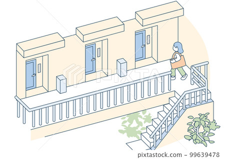 公寓的入口。樓梯上的門 99639478