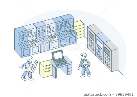 有機器的房間。勞動人民來來去去 99639491