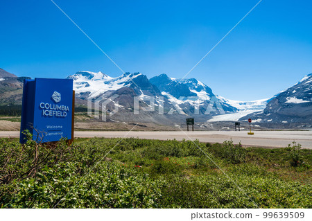 Alberta, Canada - June 28 2021 : Columbia Icefield Glacier in 2021 summer. Jasper National Park. Canadian Rockies. Alberta, Canada - June 28 2021 : Columbia Icefield Glacier in 2021 summer. Jasper National Park. Canadian Rockies. 99639509