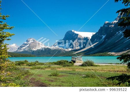 Banff National Park beautiful landscape. Bow Lake lakeshore trail and wooden bridge. Alberta, Canada. Canadian Rockies nature scenery. Banff National Park beautiful landscape. Bow Lake lakeshore trail and wooden bridge. Alberta, Canada. Canadian Rockies nature scenery. 99639522