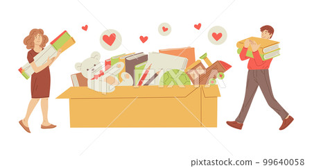 Smiling man and woman put toys and books in huge box flat style Smiling man and woman put toys and books in huge box flat style 99640058