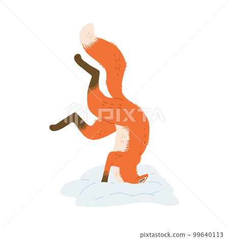 Playful adorable fox jumping into snowdrift flat vector illustration isolated. 99640113
