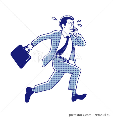 A man in a suit running with all his might with a smartphone 99640130