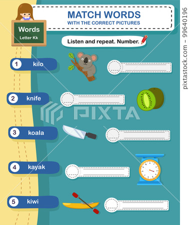 Match words with the correct pictures letter K illustration, vector Match words with the correct pictures letter K illustration, vector 99640196