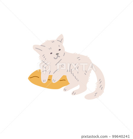 Cute smiling pet lying on yellow pillow flat style, vector illustration 99640241