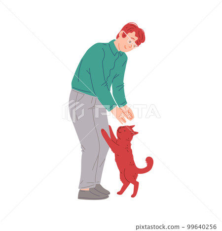 Smiling man playing with cheerful cat, cartoon flat vector illustration isolated on white background. 99640256