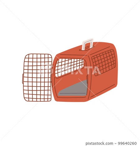 Plastic pet carrier for traveling or vet appointment, cartoon flat vector illustration isolated on white background. 99640260