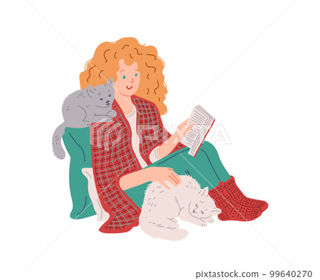Happy woman sitting in blanket with cats and reading book, flat vector illustration isolated on white background. 99640270