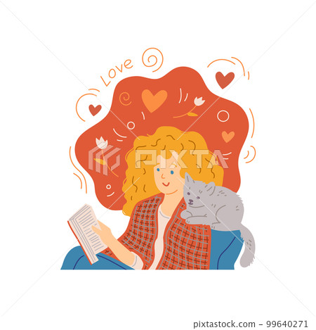 Love between pets and owners banner with woman and cat, flat vector isolated. 99640271