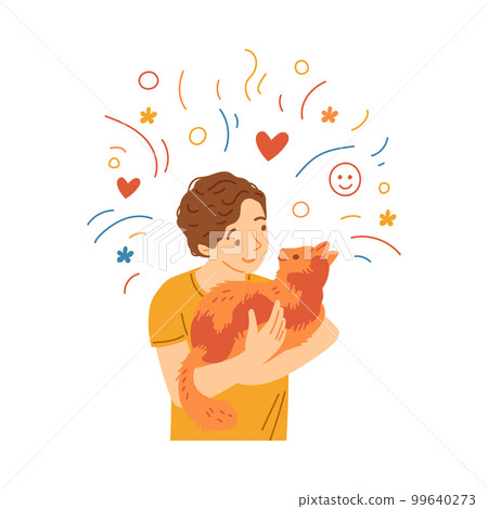 Happy child boy cuddling with cute cat, cartoon flat vector illustration isolated on white background. 99640273