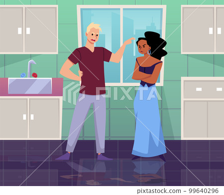 Man makes claim and yells at his couple or wife, flat vector illustration. Man makes claim and yells at his couple or wife, flat vector illustration. 99640296