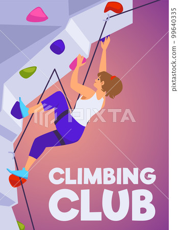 Climbing club banner or poster with woman training on climbing wall, flat vector. 99640335