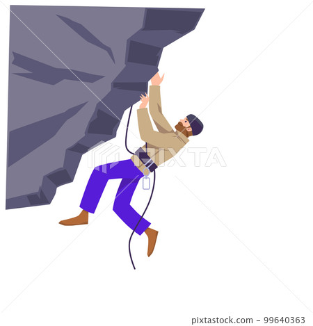 Climber climbing mountain or cliff using professional equipment, flat vector illustration isolated on white background. 99640363