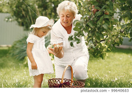 Grandmother and granddaughter together, hugging and joyfully laughing in a Flowering apricot garden in April. Family outdoors lifestyle. Grandmother and granddaughter together, hugging and joyfully laughing in a Flowering apricot garden in April. Family outdoors lifestyle. 99640683