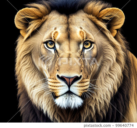 Portrait of lion on black background. Menacing stare African lion. Portrait African lion on black background. Wild cats background. Generative AI 99640774
