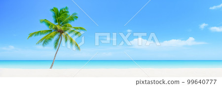 Beach holiday, summer vacation background. Green palm tree on tropical beach with bokeh sun light wave. Generative AI background. Copy space of summer vacation and business travel concept 99640777