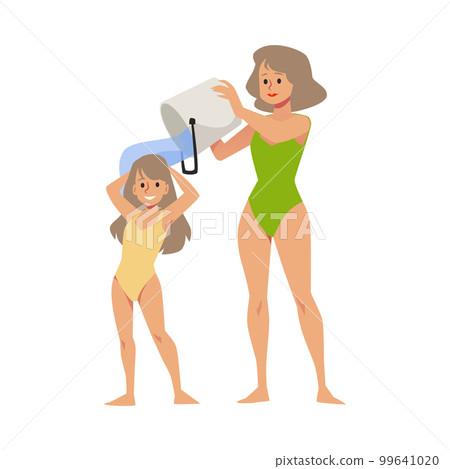 Mother douses her daughter with icy water from bucket flat vector isolated. Mother douses her daughter with icy water from bucket flat vector isolated. 99641020