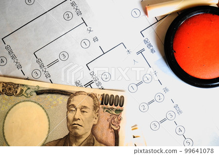 A 10,000-yen bill and seal placed on a relative map, image of inheritance 99641078