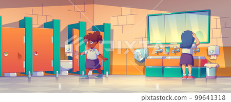 Happy schoolgirls using school toilet Happy schoolgirls using school toilet 99641318