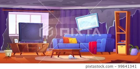 Abandoned messy living room interior, dirty sofa 99641341