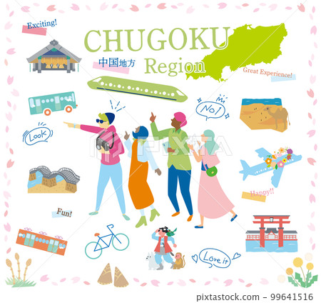 在日本中國地區享受春季特別觀光的遊客,一組圖標(平面) 在日本中國地區享受春季特別觀光的遊客,一組圖標(平面) 99641516
