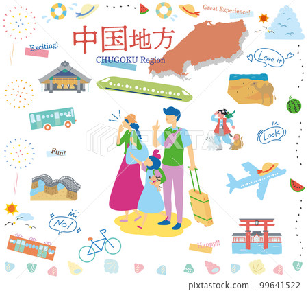 在日本中國地區享受夏季特色觀光的一家三口，一組圖標（平面） 99641522